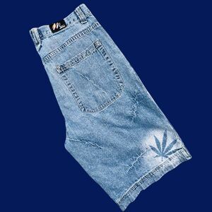 Vintage MUKAWEAR Jorts Mens 36 Bleach Cannabis Leaf Denim Hip Hop Y2K Baggy USA